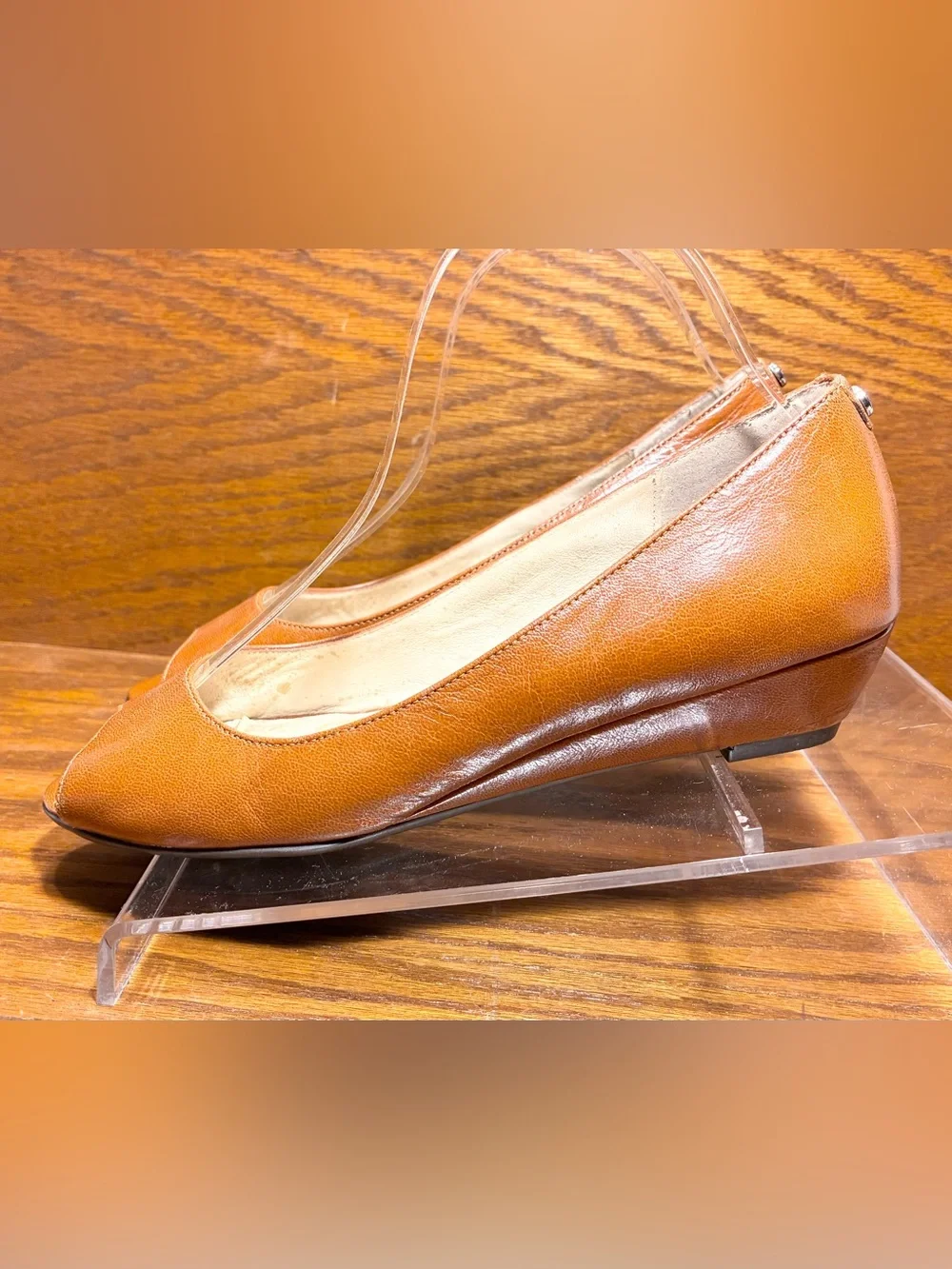 Michael Kors Peep Toe Wedge Pumps Cognac Brown Leather Size 8